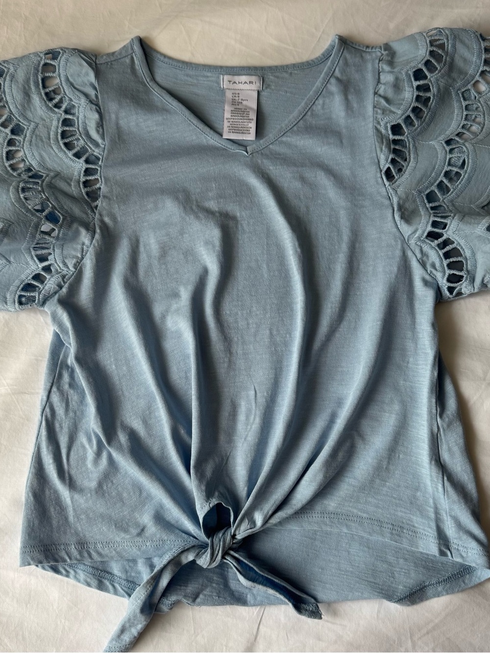Tahari Top Girls Size 8 Blue Kids Eyelet Flutter Sleeve Tie Front Excellent